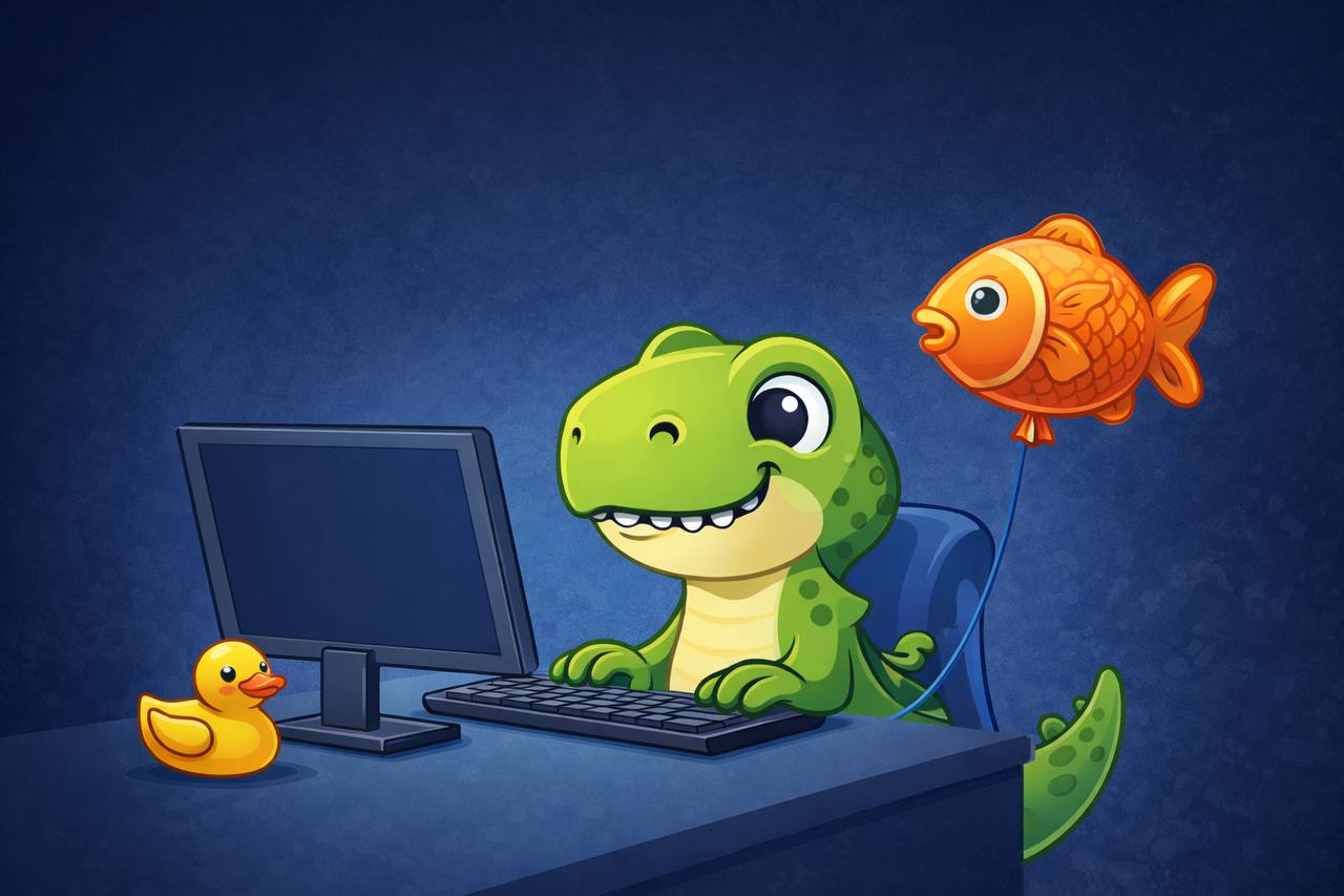 Green dinosaur at a computer with a goldfish balloon and rubber duck